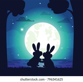 Silhouette of night sky and bunnies cuddling, stars and full moon, water and trees, romantic landscape on bank of river, vector illustration