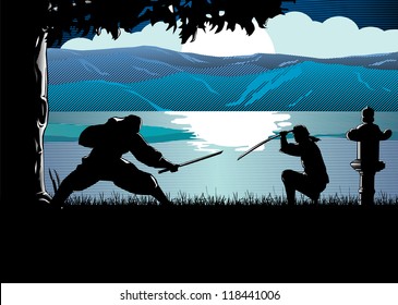 Silhouette of ninja fighting by the river at sunset, Vector