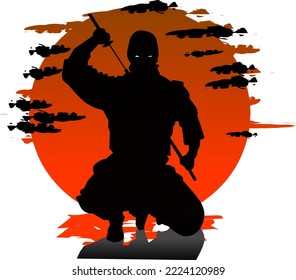 vector de ilustración de silhouette ninja con luna roja