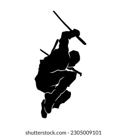 Silhouette of a ninja person in sneaking pose. Silhouette of a model in ninja outfit in action pose.