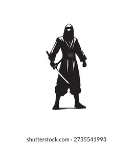 Silhouette of ninja in standing pose with sword drawn, Japanese warrior, martial arts, assassin, stealth, combat ready, dynamic posture