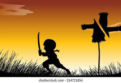 Silhouette ninja with sword illustration