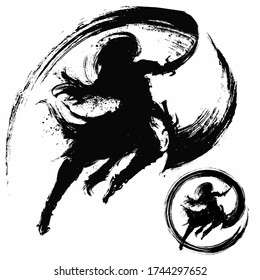 The silhouette of a ninja with two daggers in an epic jump pose, makes a cut with splashes in the air, with an ink trail. 2D illustration.
