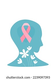 Silhouette of no hair human with brest cancer ribbon, flat vector illustration.