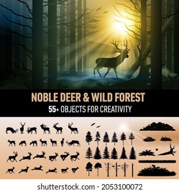 Silhouette of a Noble Deer, Flying Birds in Magic Misty Forest at Sunrise. Illustration of Landscape with Wild Forest, Trees, Mountain, and Collection of Quality Nature Objects for Creativity