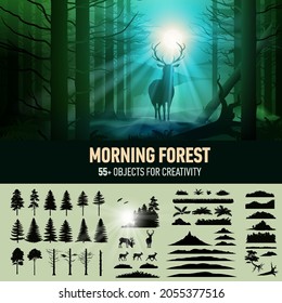 Silhouette of a Noble Deer in Magic Misty Forest at Morning. Illustration of Landscape with Wild Forest, Trees, Mountain, and Collection of Quality Nature Objects for Creativity