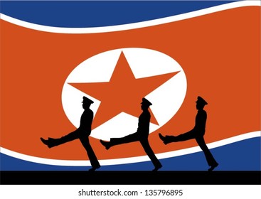 Silhouette of north korean soldiers marching with flag background, vector