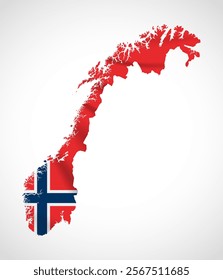 Silhouette of Norway map filled with the Norwegian flag design, symbolizing national pride, cultural heritage, and geographic identity.  
