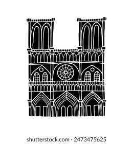 Silhouette of Notre Dame de Paris vector hand drawn illustration. Symbol of Paris. Vintage drawing painted by black inks for icon, logo or design