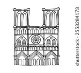 Silhouette of Notre Dame vector hand drawn illustration. Symbol of Paris. Vintage drawing painted by black inks for icon, logo or design