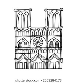 Silhouette of Notre Dame vector hand drawn illustration. Symbol of Paris. Vintage drawing painted by black inks for icon, logo or design