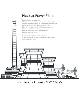 Silhouette Nuclear Power Plant ,Silhouette Thermal Power Station and Text, Nuclear Reactor and Power Lines, Vector Illustration 