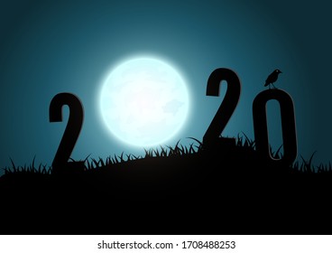 Silhouette of numbers 2020 mountains with moon. illustrator vector.