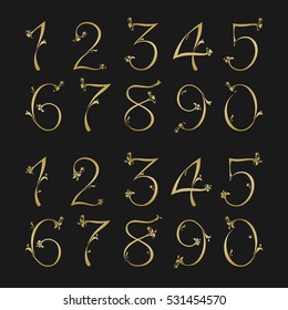 Silhouette numbers set, from one to zero, made with floral motif in gold color on black background