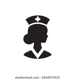 Silhouette of a Nurse Profile Icon,A simple, black silhouette profile of a woman wearing a nurse's cap with a cross.