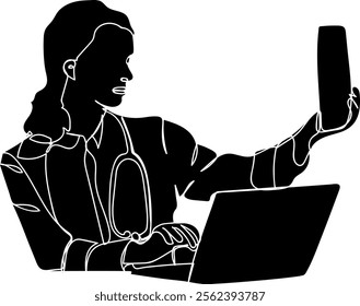 Silhouette of a nurse sitting in front of a labtop looking at an X-ray, Silhouette of a doctor wearing full examination equipment sitting looking at an X-ray