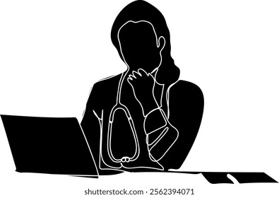 Silhouette of a nurse sitting in front of a labtop, Silhouette of a doctor fully dressed with examination tools sitting in front of a labtop	