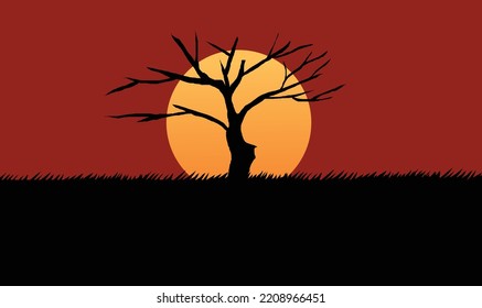 Silhouette of a oak against sunset. Vector. eps 8