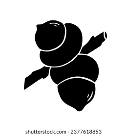 Silhouette of an oak branch with acorns and leaves. Vector graphics.
