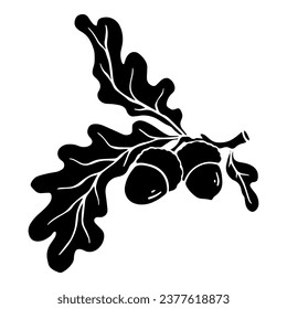 Silhouette of an oak branch with acorns and leaves. Vector graphics.