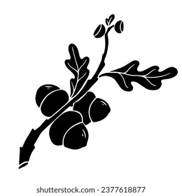 Silhouette of an oak branch with acorns and leaves. Vector graphics.