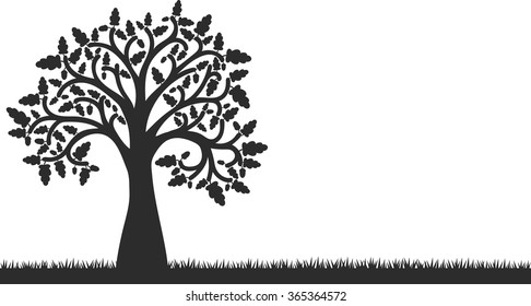 silhouette of oak tree with leaves and acorns at grass, vector illustration