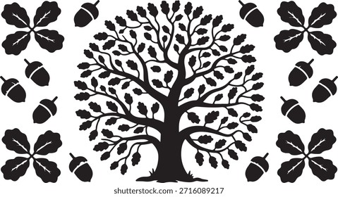 Silueta de un roble rodeado de bellotas y hojas. El árbol está representado en follaje completo, con ramas que llegan hacia afuera. Este diseño crea una sensación de naturaleza, adecuado para ilustrar materiales educativos de botánica o campañas de concienciación ambiental.