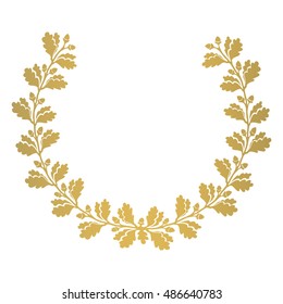 Silhouette oak wreath in gold color. Hand drawn vector illustration