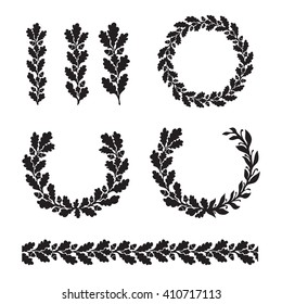 Silhouette oak wreaths in different  shapes - half circle, circle, branch and seamless border svg