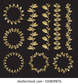Silhouette oak wreaths in different  shapes and seamless ribbon in gold color