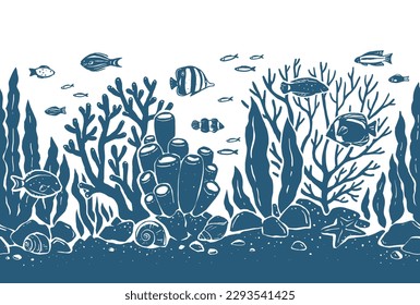 Silhouette ocean bottom. Vector horizontal seamless border pattern with blue silhouette fish, seaweed, sea shells and corals. Marine underwater life isolated on white background