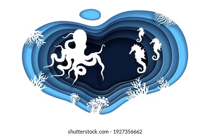 Silhouette de un pulpo y algas al fondo de los arrecifes. El mundo submarino en papel de varias capas. Hipómetros cortados de papel. Ilustración vectorial para el fondo.