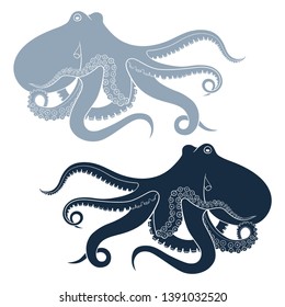 Silhouette of octopus isolated on white background.Vector template for logos, labels and emblems.