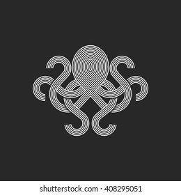 Silhouette octopus logo monogram, mockup seafood restaurant linear graphic emblem, print t-shirt intersection line style 