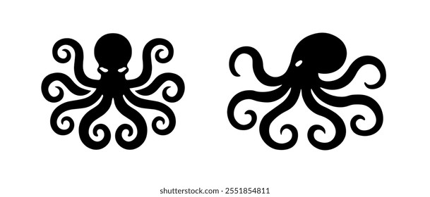 Tentáculos rizados del animal marino del pulpo de la silueta. Pulpo marino de diseño minimalista negro