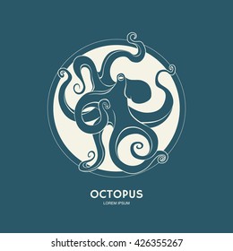 Silhouette of octopus. Template for logos, labels and emblems. Vector illustration