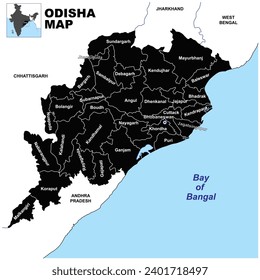 Silhouette Odisha map vector illustration on white background.