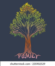 Silhouette off abstract green hand tree. Concept illustration- family tree on a gray background.