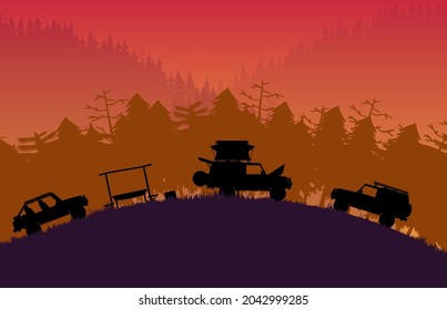 silhouette off road vehicle camping with forest mountain landscape on orange gradient background