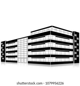 silhouette office building with an entrance and reflection on a white background