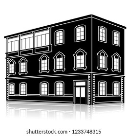 silhouette office building with an entrance and reflection on a white background