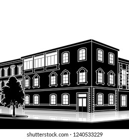 silhouette office building with the entrance and a reflection on the background of the street