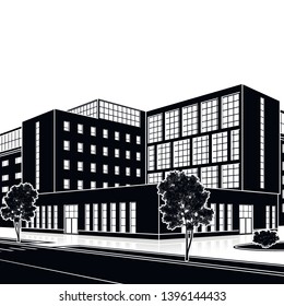 silhouette office building with the entrance and a reflection on the background of the street