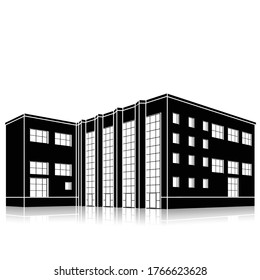 silhouette office building with an entrance and reflection on a white background