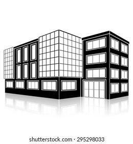 silhouette office building with an entrance and reflection on a white background