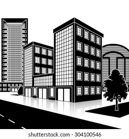 silhouette office building with the entrance and a reflection on the background of the street