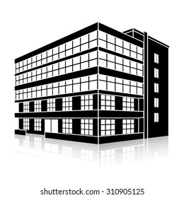 silhouette office building with an entrance and reflection on a white background