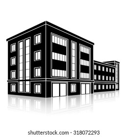 silhouette office building with an entrance and reflection on a white background