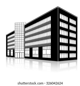silhouette office building with an entrance and reflection on a white background