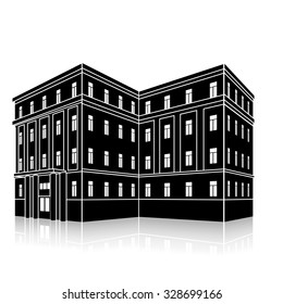 silhouette office building with an entrance and reflection on a white background